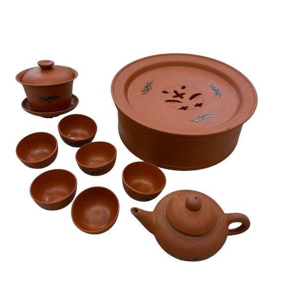 Traditional Terracotta Tea Set With Teapot 6 Cups Lid & Tray Hand-Painted Dragon - Picture 1 of 11